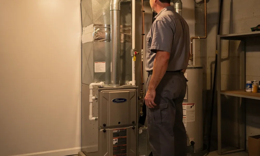 Licensed technician performing furnace repair on a home heating system