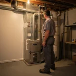 Licensed technician performing furnace repair on a home heating system