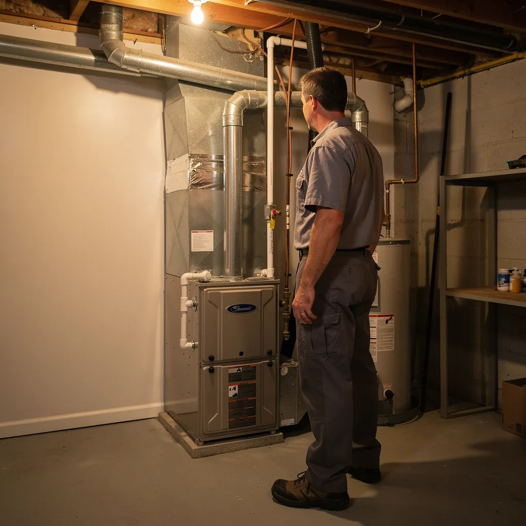 Licensed technician performing furnace repair on a home heating system