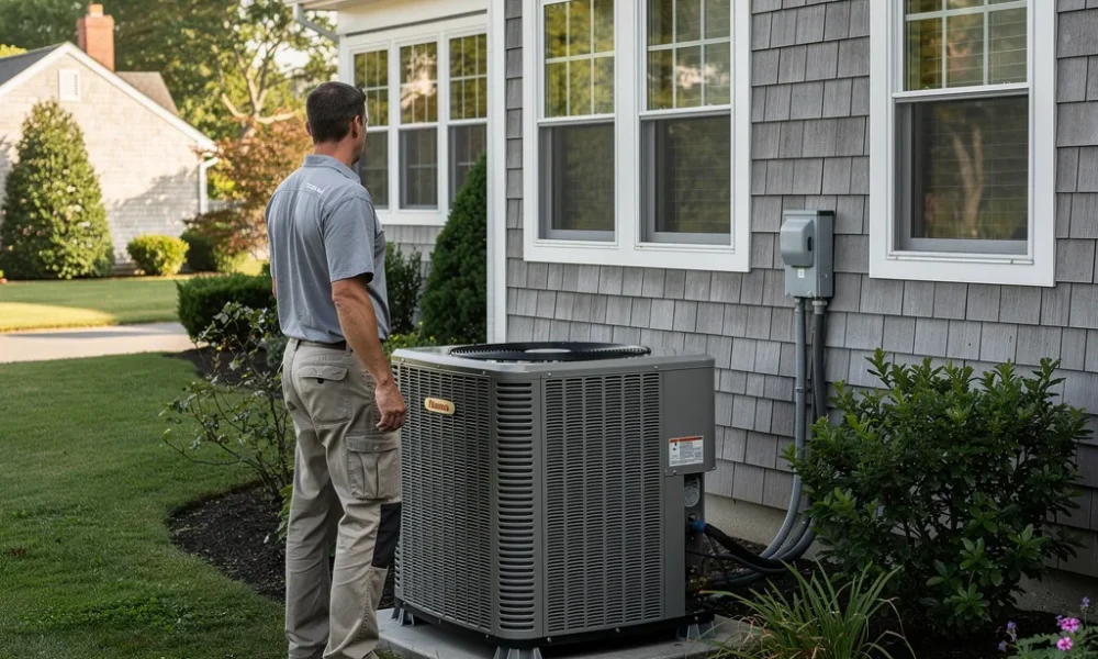 HVAC technician standing beside a residential heat pump unit