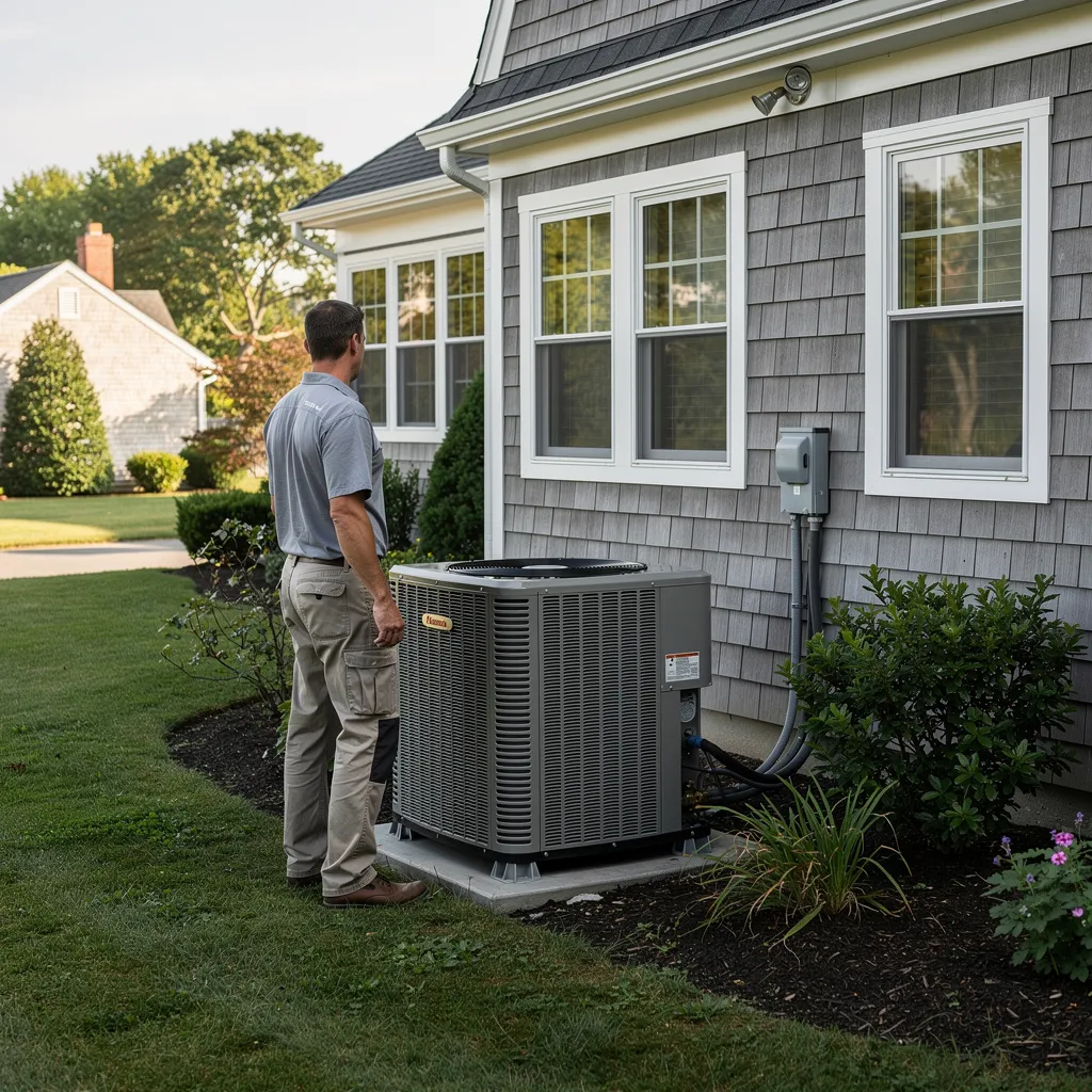HVAC technician standing beside a residential heat pump unit