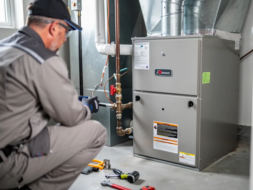 Technician completing furnace replacement installation with safety gear