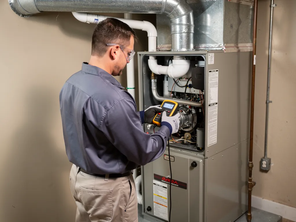 Technician in safety uniform performing routine furnace maintenance