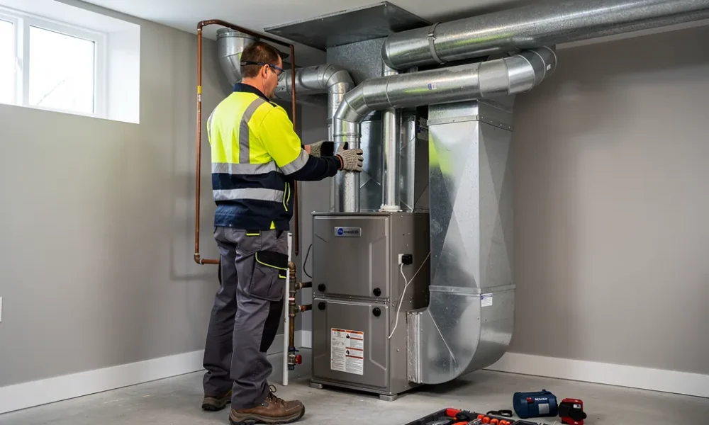 Technician in safety gear installing a furnace system in a Cape Cod home