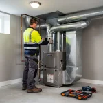 Technician in safety gear installing a furnace system in a Cape Cod home