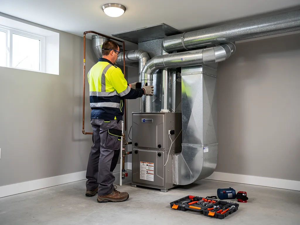 Technician in safety gear installing a furnace system in a Cape Cod home