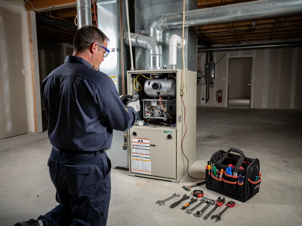 Technician performing furnace repair wearing safety glasses and gloves