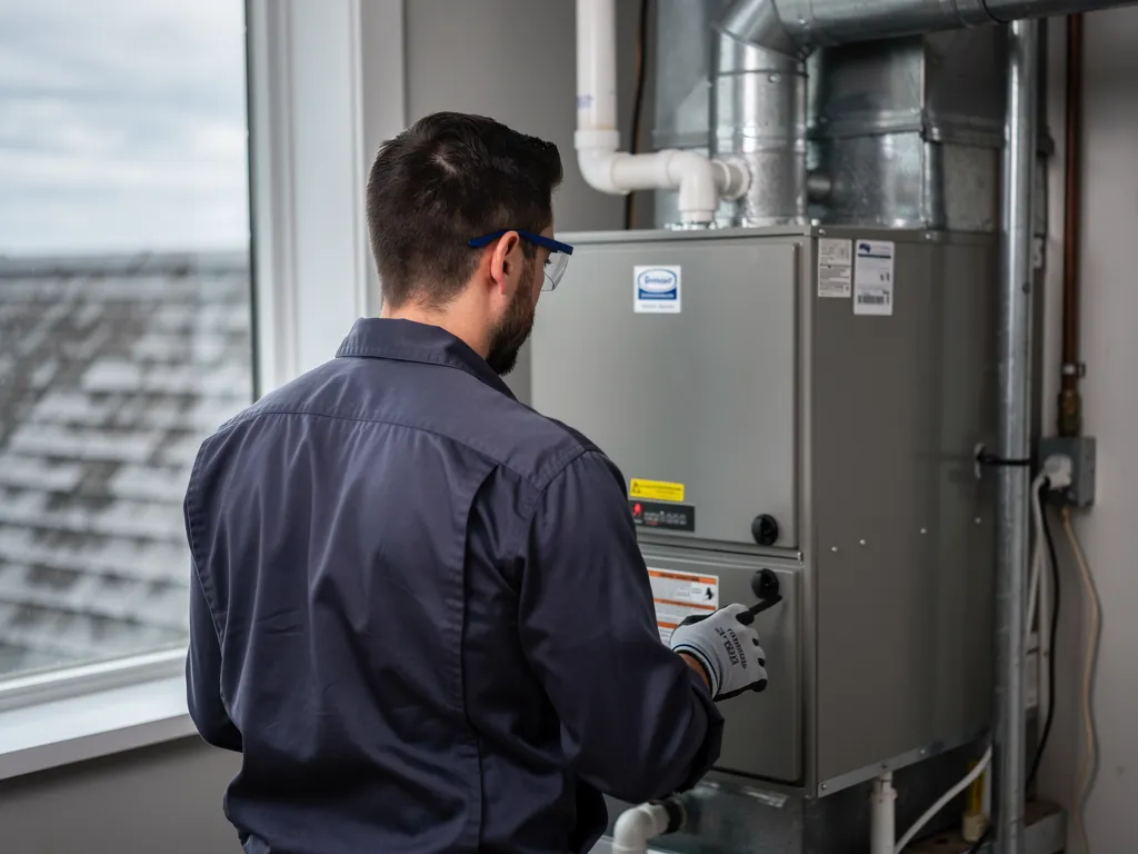 Technician inspecting a furnace during a coastal home heating checkup
